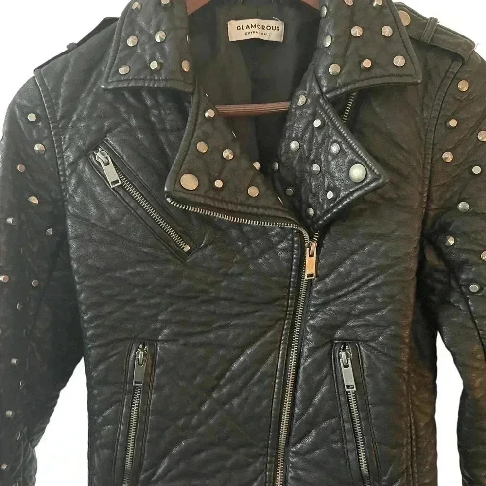 Glamorous Studded Faux Leather Moto Jacket XS Black Biker Punk Rocker Y2K - Picture 5 of 12